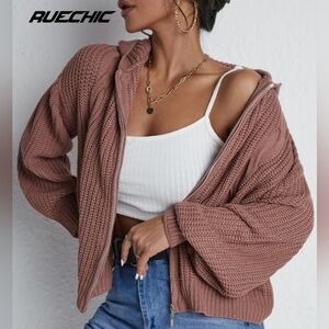 RueChic Drop Shoulder Zip-Up Hooded Sweater
